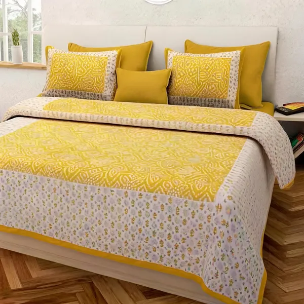 Cotton_Jaipuri_Prints_Yellow_And_White_Bed_Sheet_With_2_Pillow_Covers