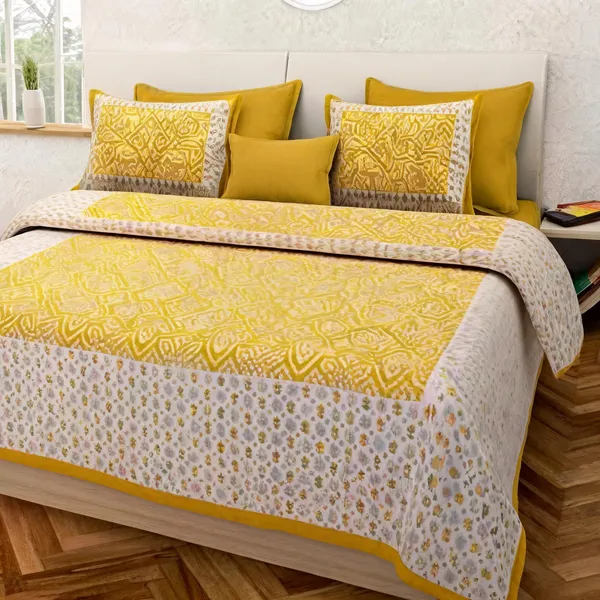 Cotton_Jaipuri_Prints_Yellow_And_White_Bed_Sheet_With_2_Pillow_Covers