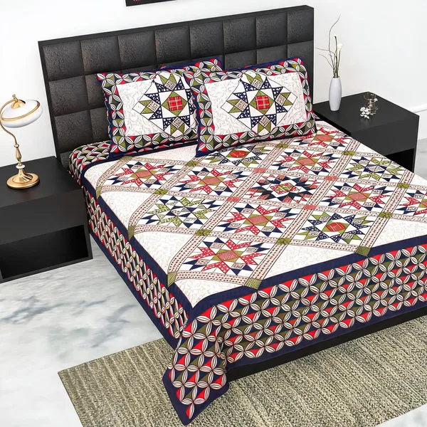 Cotton_Jaipuri_Prints_Blue_Bed_Sheet_With_2_Pillow_Covers