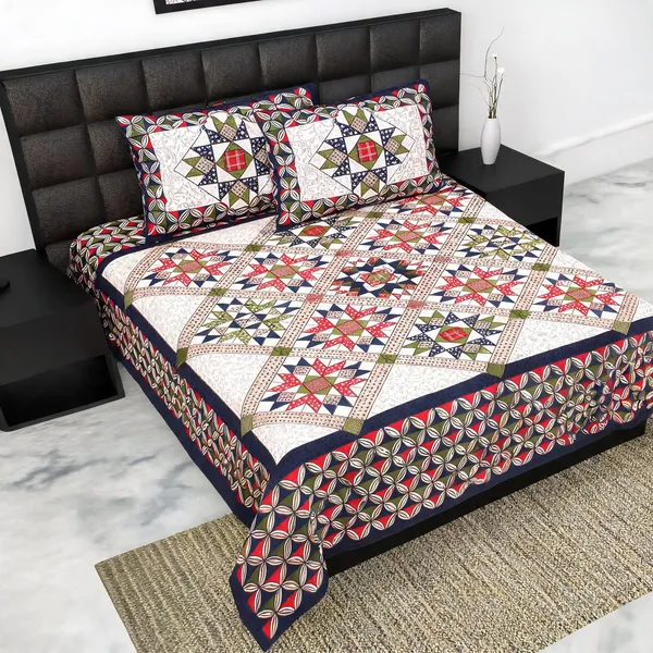 Cotton_Jaipuri_Prints_Blue_Bed_Sheet_With_2_Pillow_Covers
