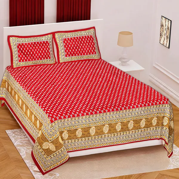 Cotton_Beige_And_Red_Printed_Bed_Sheet_With_2_Pillow_Covers