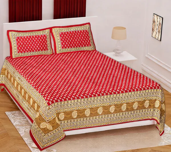Cotton_Beige_And_Red_Printed_Bed_Sheet_With_2_Pillow_Covers