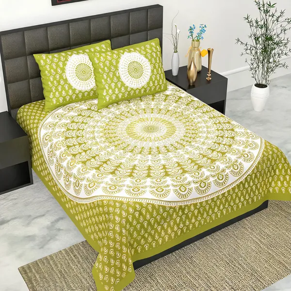 Cotton_Jaipuri_Prints_Green_Bed_Sheet_With_2_Pillow_Covers