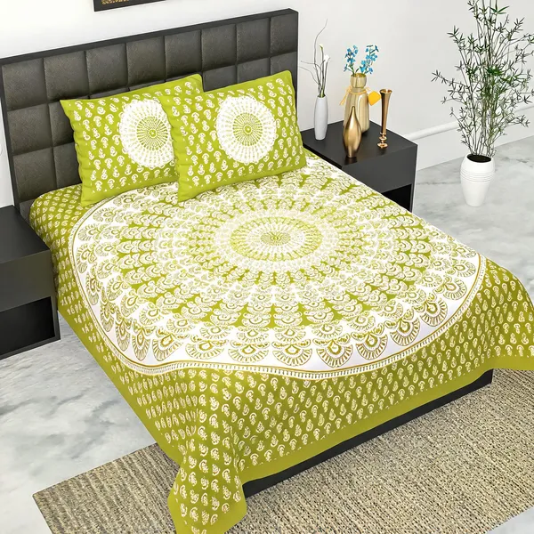 Cotton_Jaipuri_Prints_Green_Bed_Sheet_With_2_Pillow_Covers