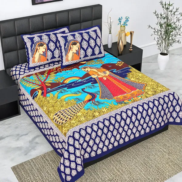 Cotton_Jaipuri_Prints_Blue_Bed_Sheet_With_2_Pillow_Covers
