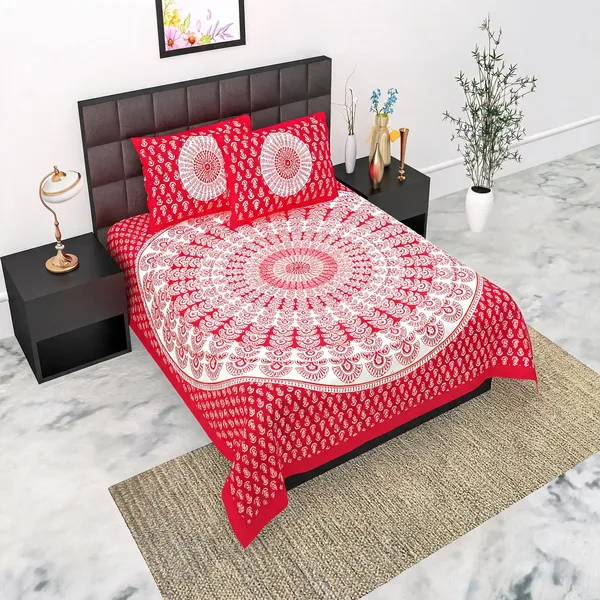 Cotton_Jaipuri_Prints_Red_Bed_Sheet_With_2_Pillow_Covers