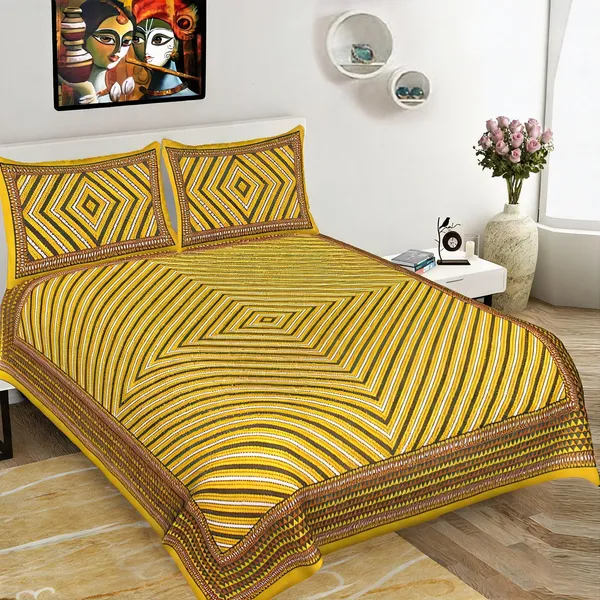 Cotton_Jaipuri_Prints_Yellow_Bed_Sheet_With_2_Pillow_Covers