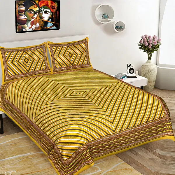 Cotton_Jaipuri_Prints_Yellow_Bed_Sheet_With_2_Pillow_Covers