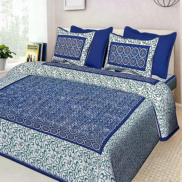 Cotton_Jaipuri_Prints_Blue_Bed_Sheet_With_2_Pillow_Covers