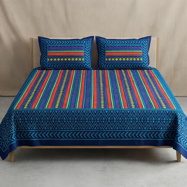 Cotton_Striped_Multicolor_Bed_Sheet_With_2_Pillow_Covers