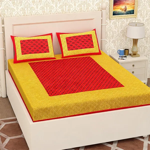 Cotton_Jaipuri_Prints_Yellow_And_Red_Bed_Sheet_With_2_Pillow_Covers