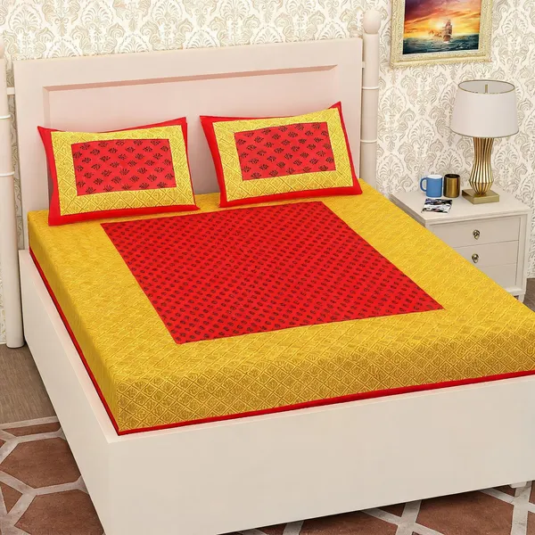 Cotton_Jaipuri_Prints_Yellow_And_Red_Bed_Sheet_With_2_Pillow_Covers
