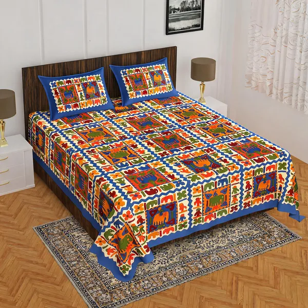 Cotton_Blue_Animal_Print_Bed_Sheet_With_2_Pillow_Covers