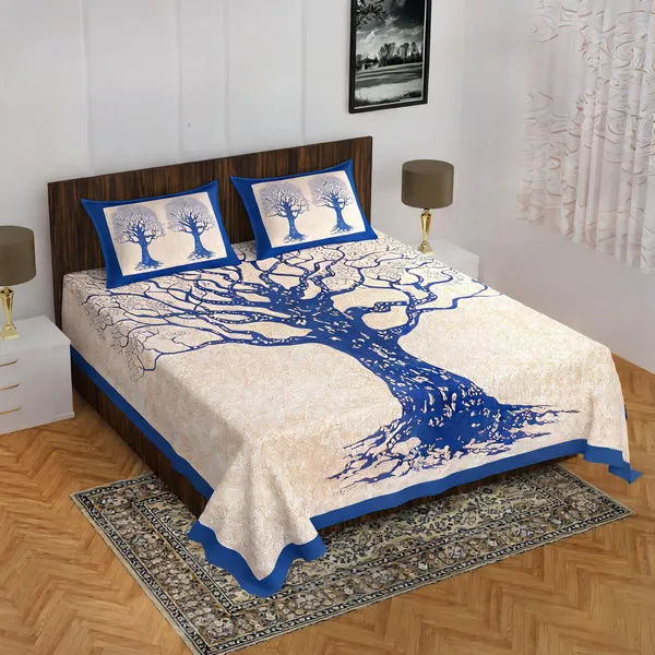 Cotton_Jaipuri_Beige_And_Blue_Jaipuri_Prints_Bed_Sheet_With_2_Pillow_Covers