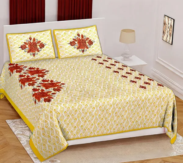 Cotton_Yellow_Printed_Bed_Sheet_With_2_Pillow_Covers
