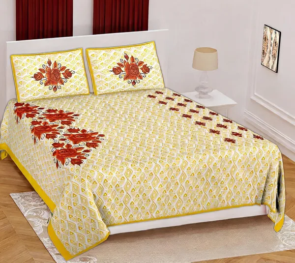 Cotton_Yellow_Printed_Bed_Sheet_With_2_Pillow_Covers