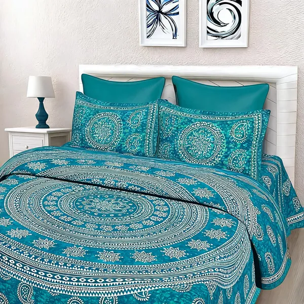 Cotton_Jaipuri_Prints_Green_And_White_Bed_Sheet_With_2_Pillow_Covers