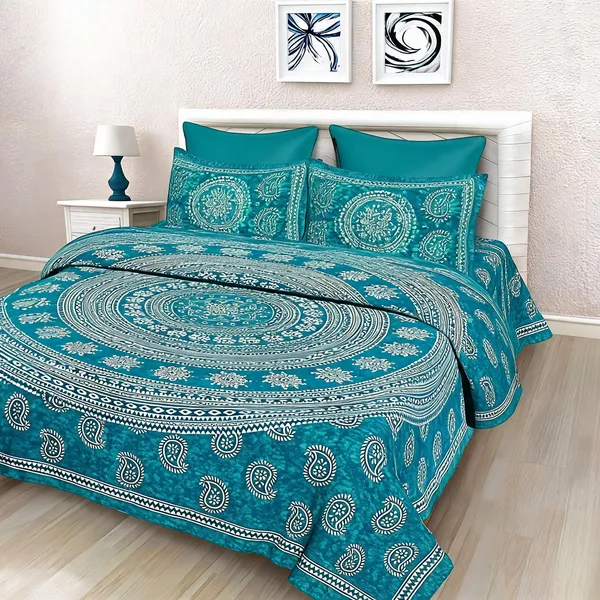 Cotton_Jaipuri_Prints_Green_And_White_Bed_Sheet_With_2_Pillow_Covers