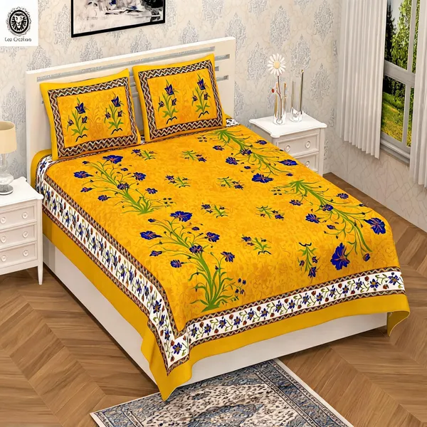 Cotton_Yellow_Printed_Bed_Sheet_With_2_Pillow_Covers