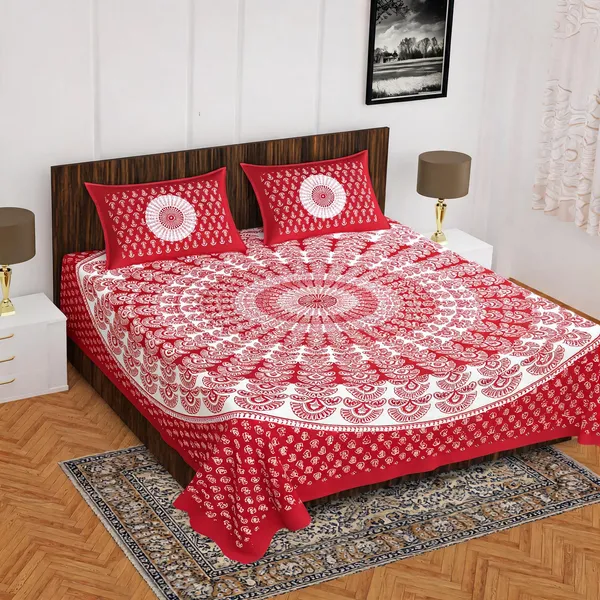 Cotton_Jaipuri_Prints_Red_Bed_Sheet_With_2_Pillow_Covers