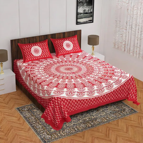 Cotton_Jaipuri_Prints_Red_Bed_Sheet_With_2_Pillow_Covers