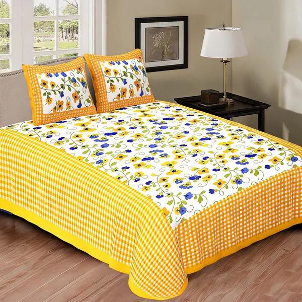 Cotton_White_Yellow_3D_Printed_Bed_Sheet_With_2_Pillow_Covers