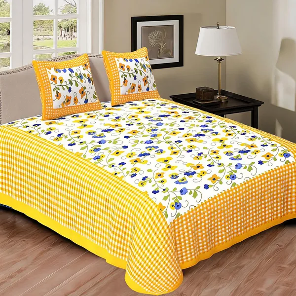 Cotton_White_Yellow_3D_Printed_Bed_Sheet_With_2_Pillow_Covers