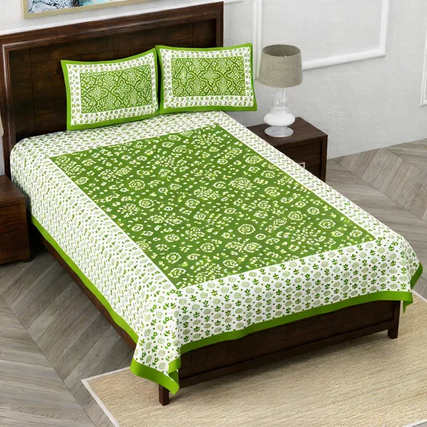 Cotton_Jaipuri_Prints_Green_Bed_Sheet_With_2_Pillow_Covers