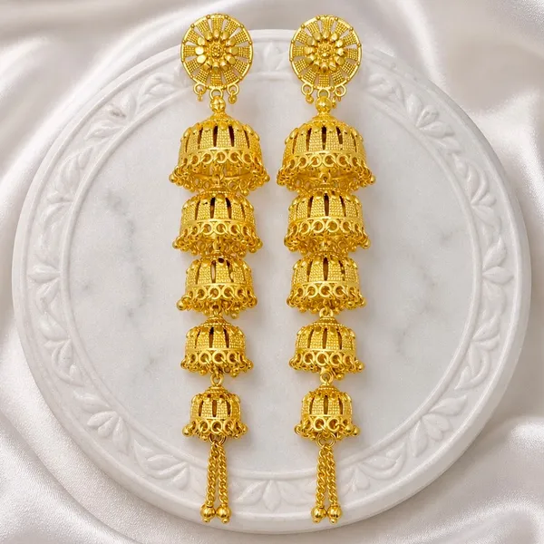 Gold_Plated_Multi_Layer_Ghungroo_Mesh_Temple_Jhumka_Earrings_For_Women