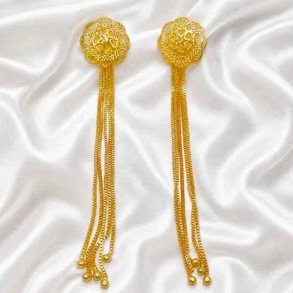 Gold_Copper_Floral_Top_Long_Tassel_Chain_Temple_Earrings_For_Women