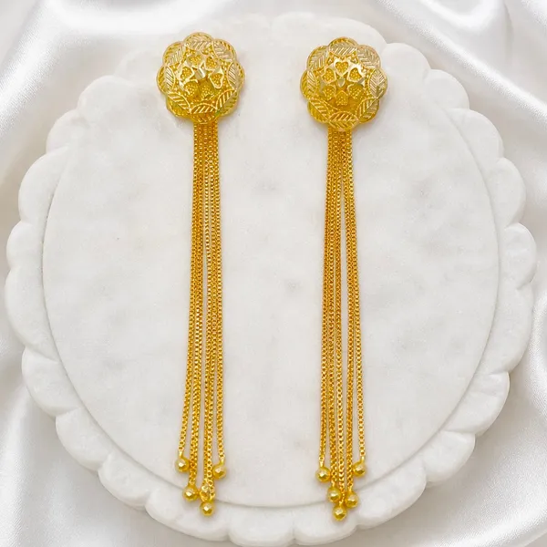 Gold_Copper_Floral_Top_Long_Tassel_Chain_Temple_Earrings_For_Women