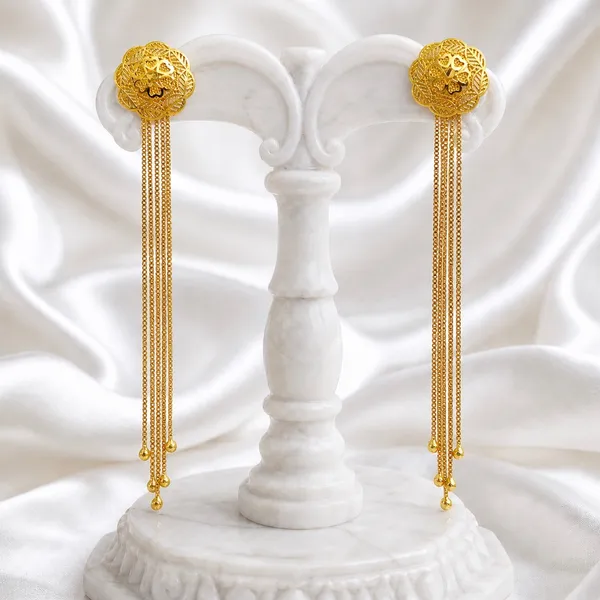 Gold_Copper_Floral_Top_Long_Tassel_Chain_Temple_Earrings_For_Women