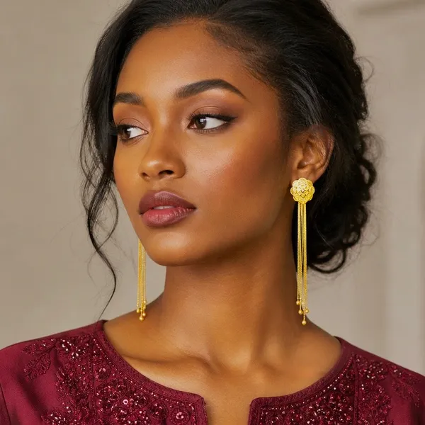Gold_Copper_Floral_Top_Long_Tassel_Chain_Temple_Earrings_For_Women