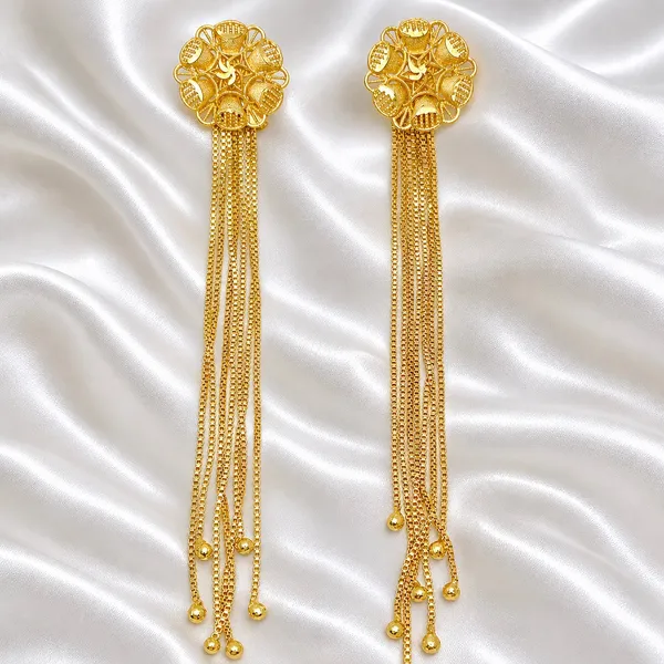 Gold_Micro_Plated_Floral_Top_Chain_Tassel_Long_Earrings