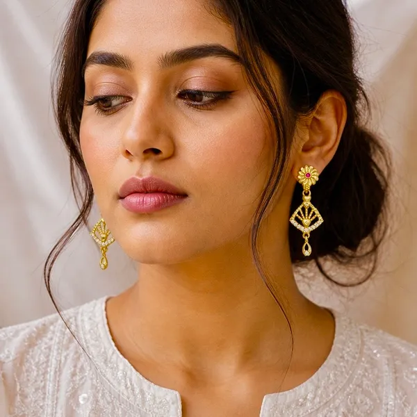Gold_Plated_Copper_Ad_Ruby_Floral_Stud_Geometric_Drop_Earrings