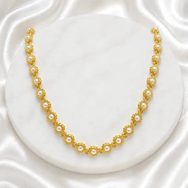 White_Gold_Micro_Plated_Copper_Pearl_Floral_Neck_Chain_For_Women