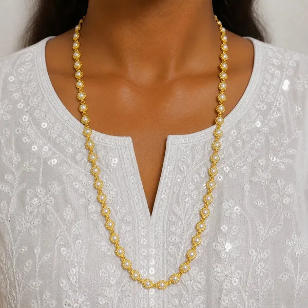 White_Gold_Micro_Plated_Copper_Pearl_Floral_Neck_Chain_For_Women