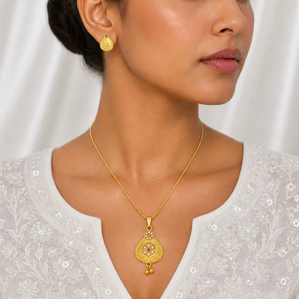 Gold_Micro_Plated_Ad_Ruby_Pear_Drop_Pendant_Necklace_Set_For_Women