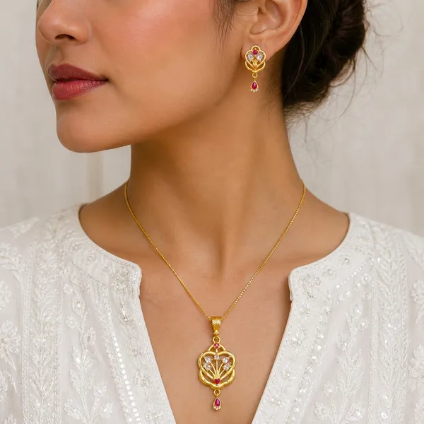 Gold_Micro_Plated_Ad_Ruby_Floral_Heart_Pendant_Necklace_Set_For_Women