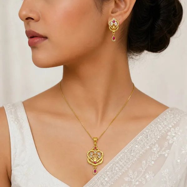 Gold_Micro_Plated_Ad_Ruby_Floral_Heart_Pendant_Necklace_Set_For_Women