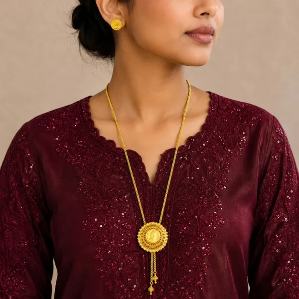 Gold_Micro_Plated_Coin_Medallion_Temple_Tie_Chain_Necklace_Set_For_Women