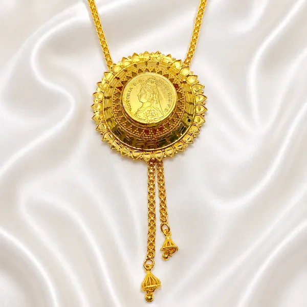 Gold_Micro_Plated_Coin_Medallion_Temple_Tie_Chain_Necklace_Set_For_Women
