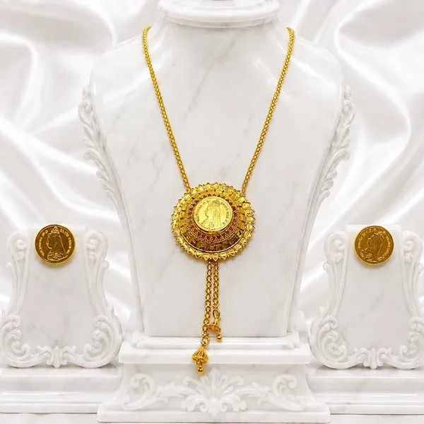 Gold_Micro_Plated_Coin_Medallion_Temple_Tie_Chain_Necklace_Set_For_Women