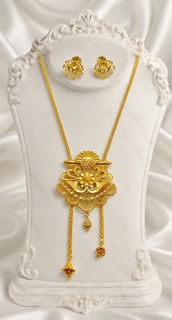 Gold_Micro_Plated_Copper_Temple_Floral_Fan_Tie_Chain_Necklace_Set