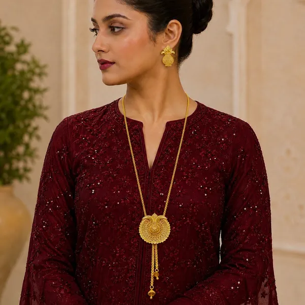 Gold_Micro_Plated_Kalash_Temple_Tie_Chain_Necklace_Set_For_Women