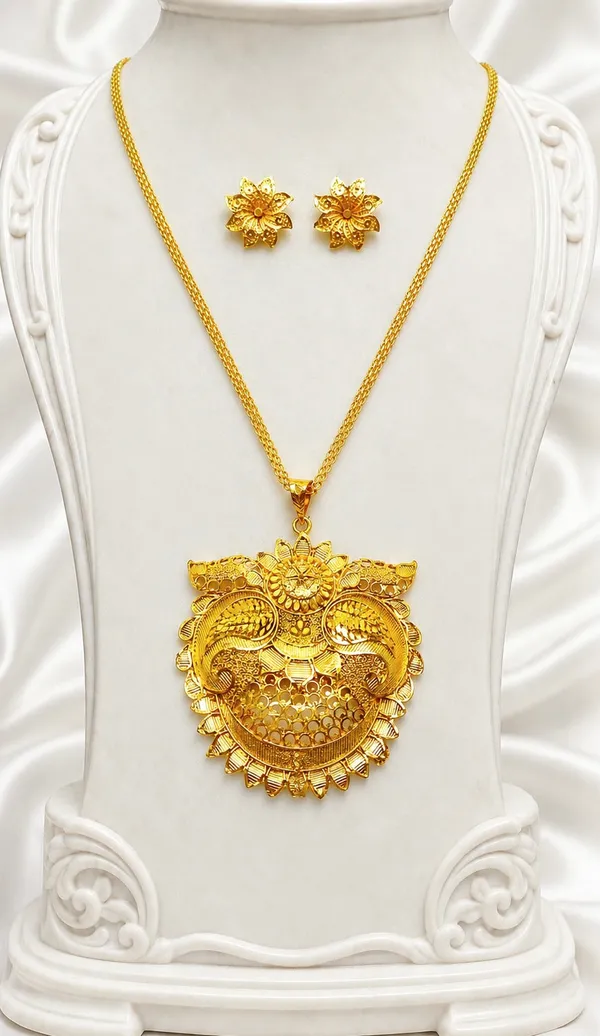 Gold_Micro_Plated_Copper_Floral_Sunburst_Temple_Pendant_Necklace_Set