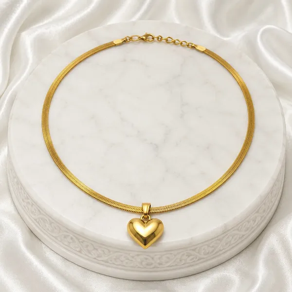 Gold_18K_Plated_Snake_Chain_Solid_Heart_Pendant_Necklace_For_Women