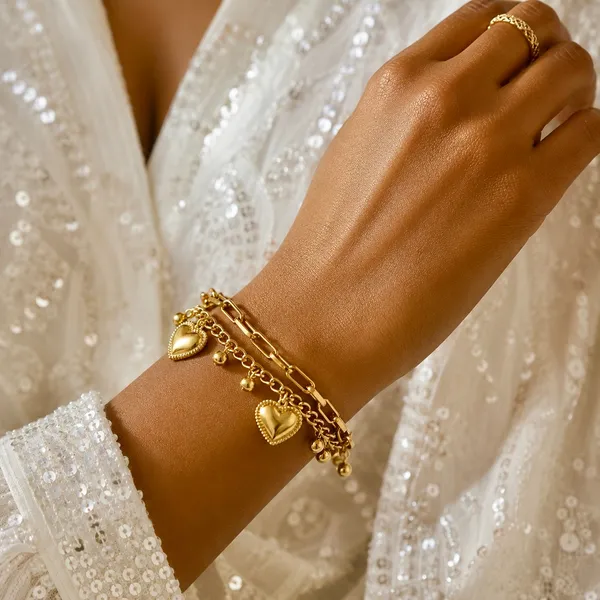 Gold_18K_Plated_Double_Layer_Heart_Charm_Chain_Bracelet_For_Women