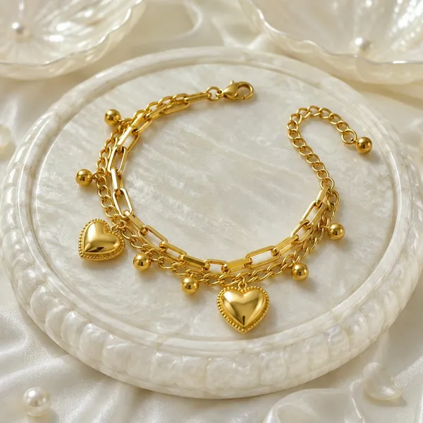 Gold_18K_Plated_Double_Layer_Heart_Charm_Chain_Bracelet_For_Women