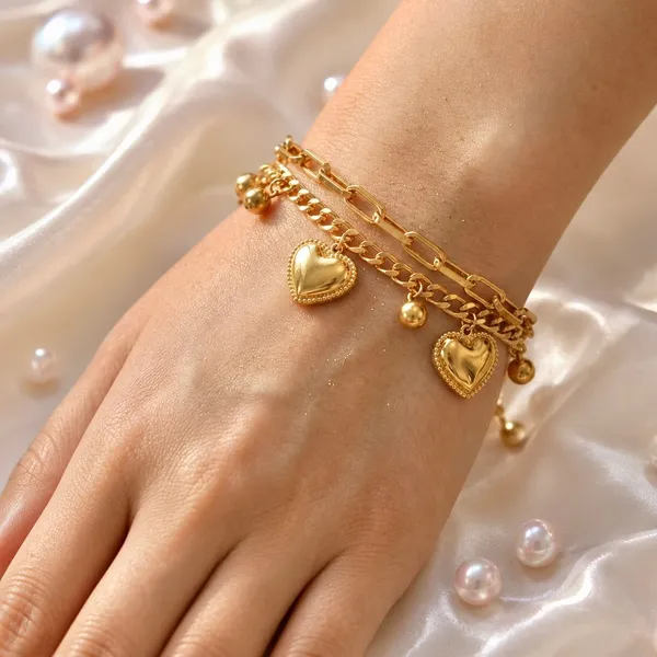 Gold_18K_Plated_Double_Layer_Heart_Charm_Chain_Bracelet_For_Women